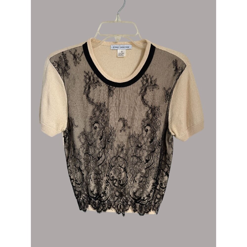 Behnaz Sarafpour Silk & Cashmere Lace Overlay Knit Top Short Sleeve Beige & Blac